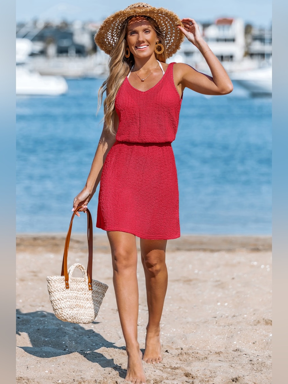 Cupshe:  Red Knit Sleeveless Beach Coverup Dress